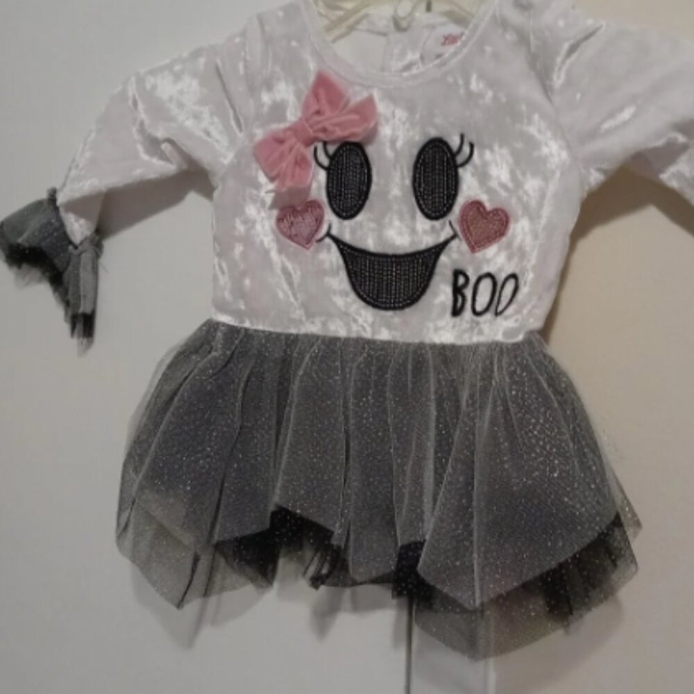💚 Little Lass Girl Black/White Halloween Ghost Boo Velour Tulle/Leggings 12M